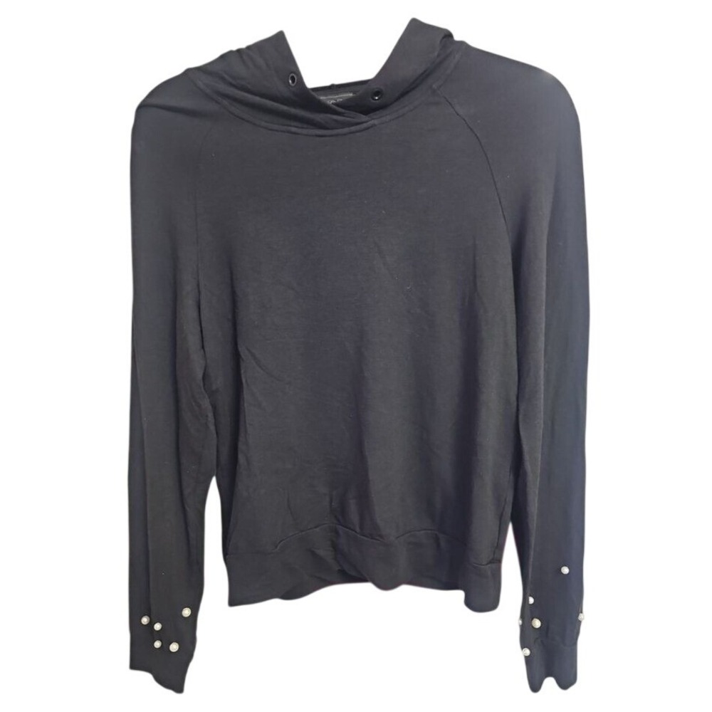 Saks Fifth Avenue Black‎ Pearl-Detail Rare Hoodie Soft Modal Blend Sweater S/P"